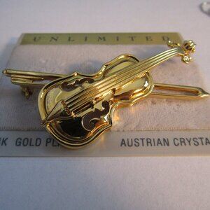 New on Card AUSTRIAN CRYSTAL 14K Gold Plated VIOLIN BROOCH PIN by UNLIMITED